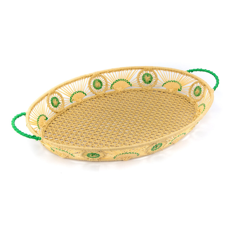 Oval raffia tray with details in different colors