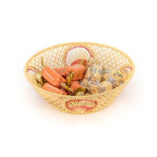 Round raffia basket with red edged fan embroidery