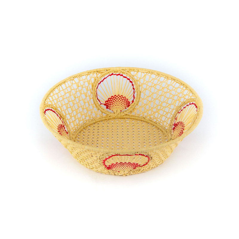 Round raffia basket with red edged fan embroidery