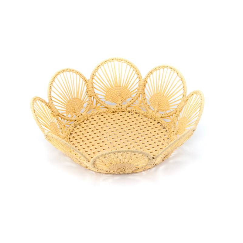 Round raffia tray with small hand fans